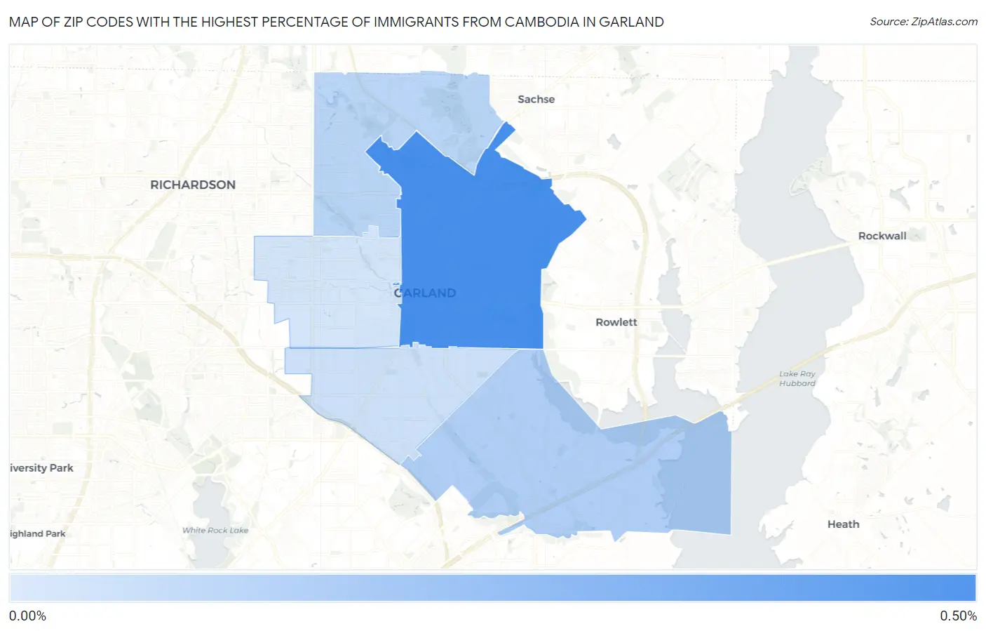 Zip Codes with the Highest Percentage of Immigrants from Cambodia in Garland Map