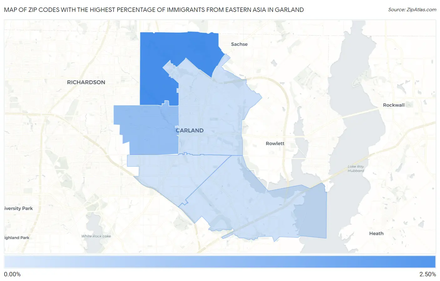 Zip Codes with the Highest Percentage of Immigrants from Eastern Asia in Garland Map