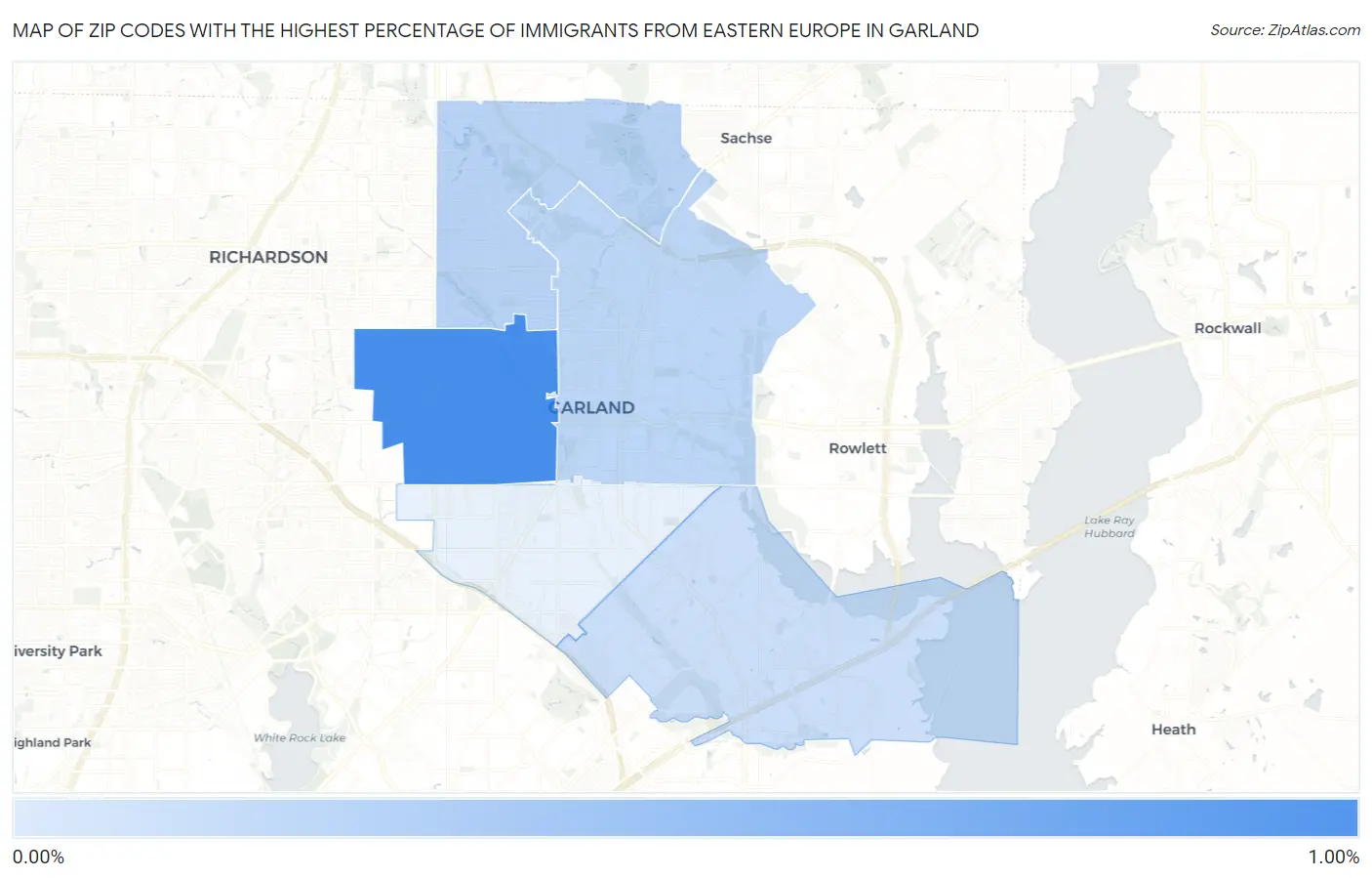 Zip Codes with the Highest Percentage of Immigrants from Eastern Europe in Garland Map