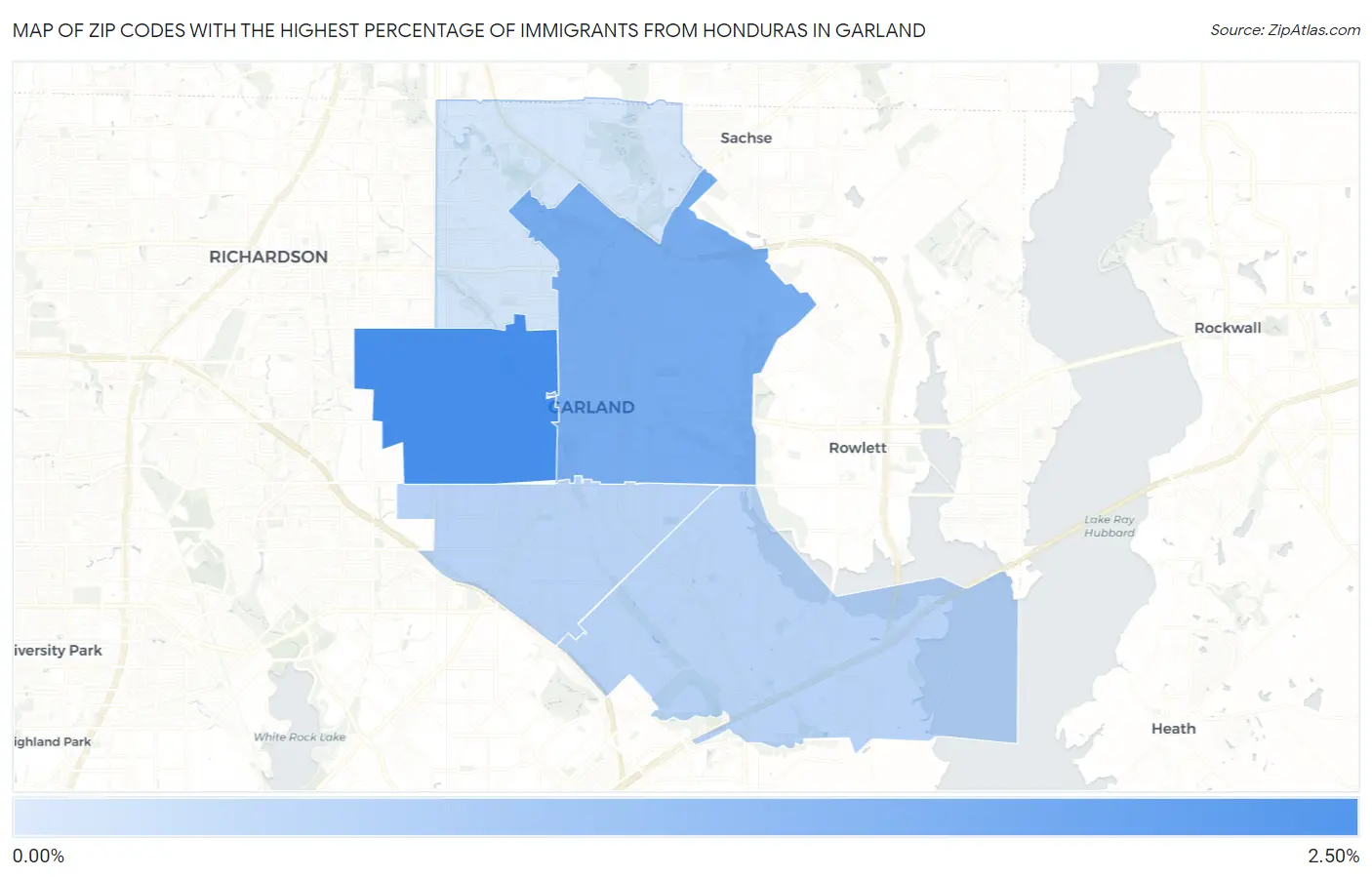Zip Codes with the Highest Percentage of Immigrants from Honduras in Garland Map