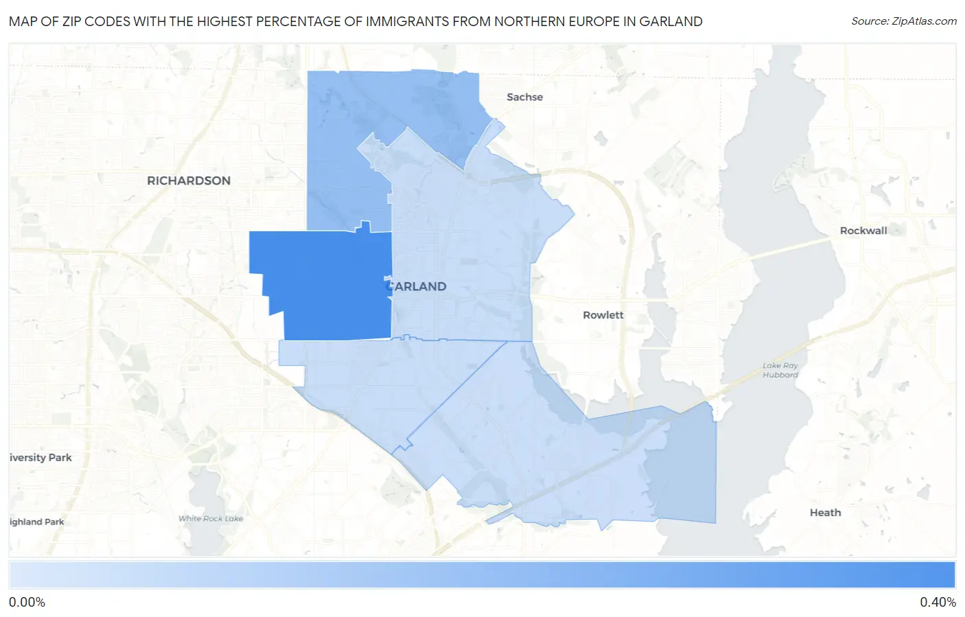 Zip Codes with the Highest Percentage of Immigrants from Northern Europe in Garland Map