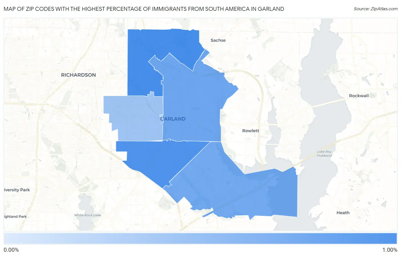 Zip Codes with the Highest Percentage of Immigrants from South America in Garland Map