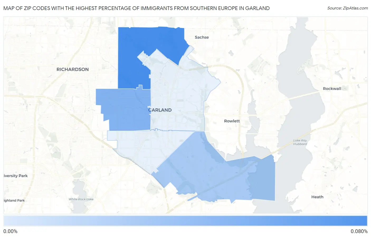 Zip Codes with the Highest Percentage of Immigrants from Southern Europe in Garland Map
