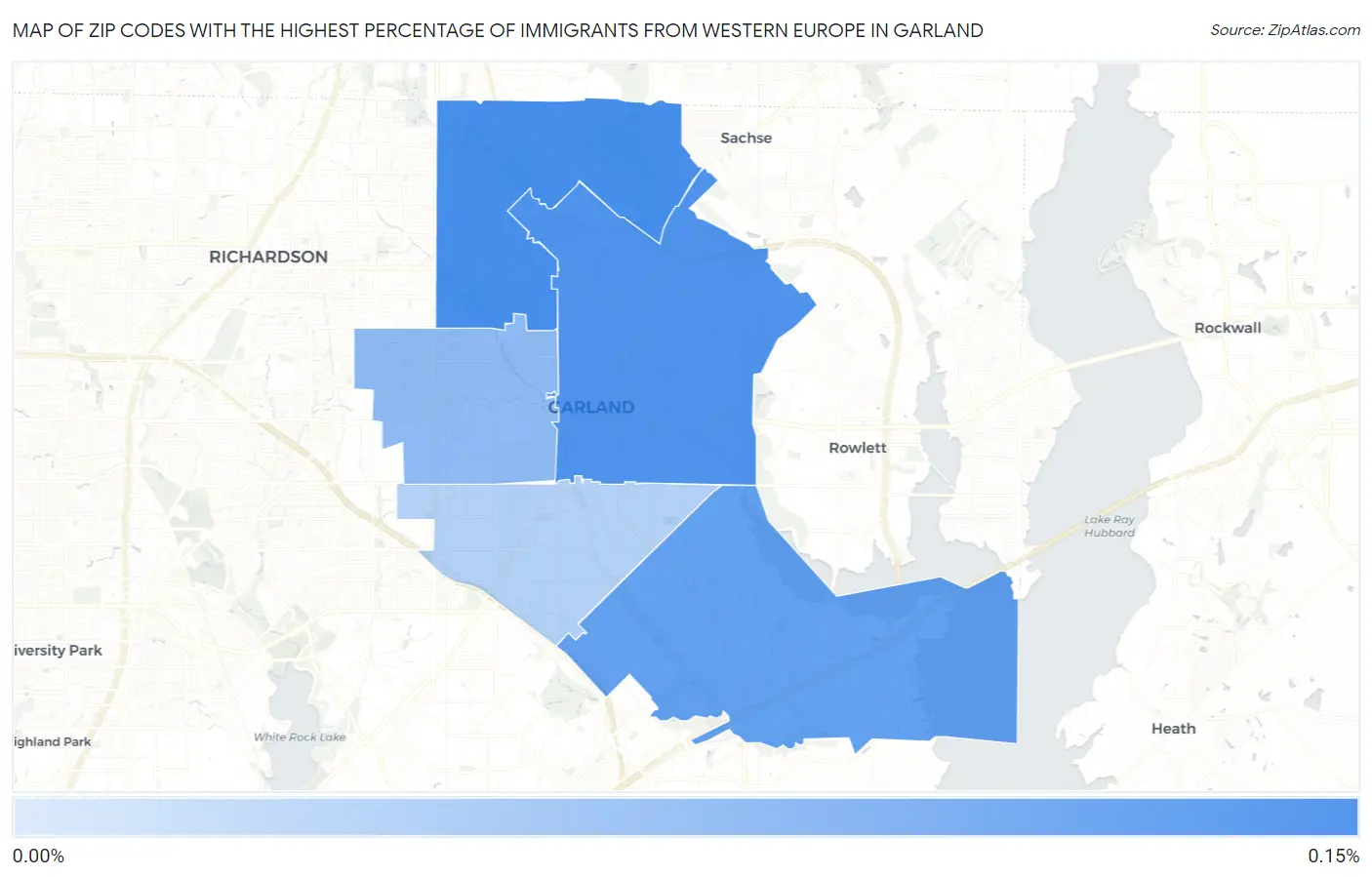 Zip Codes with the Highest Percentage of Immigrants from Western Europe in Garland Map