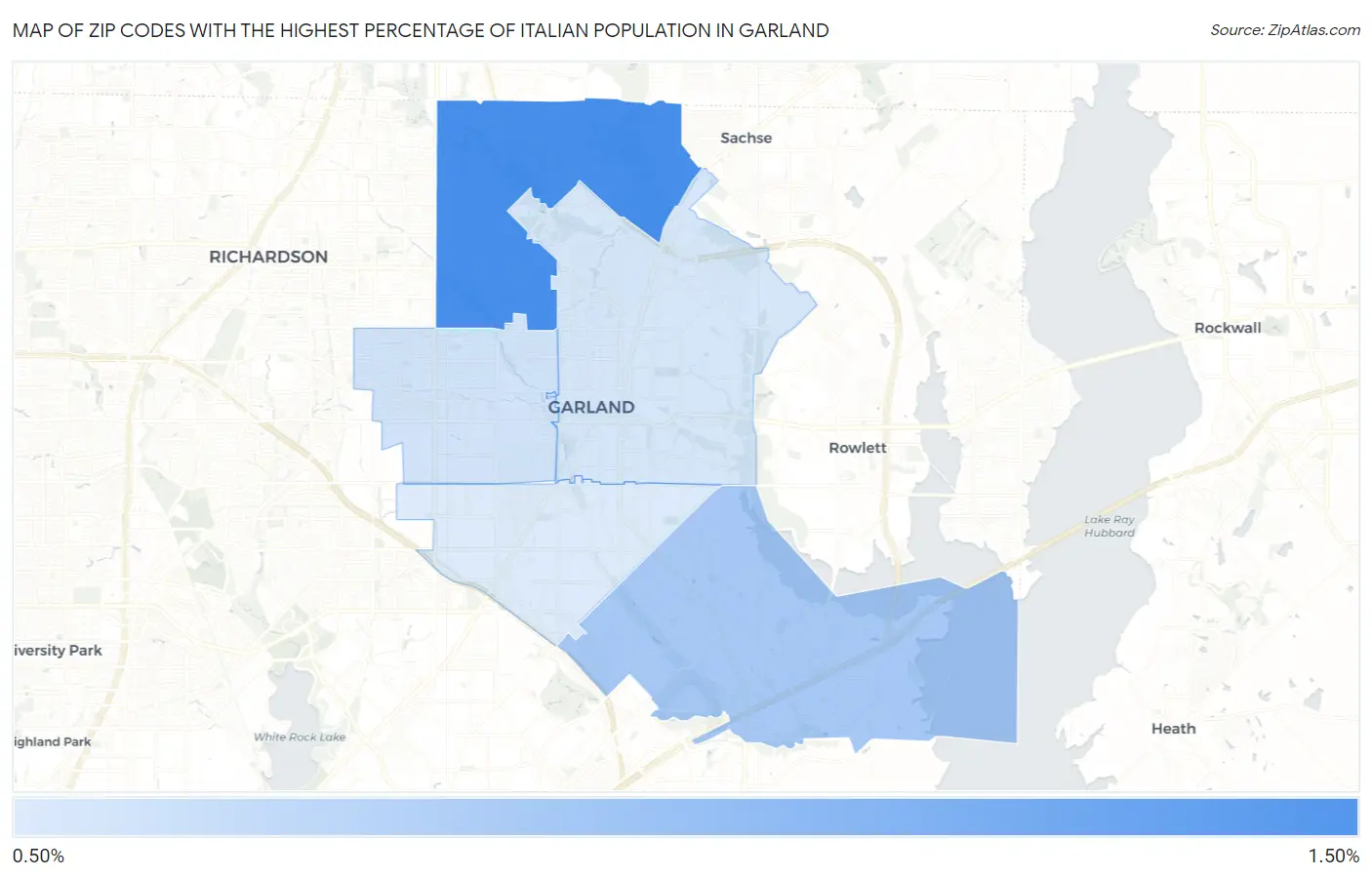 Zip Codes with the Highest Percentage of Italian Population in Garland Map