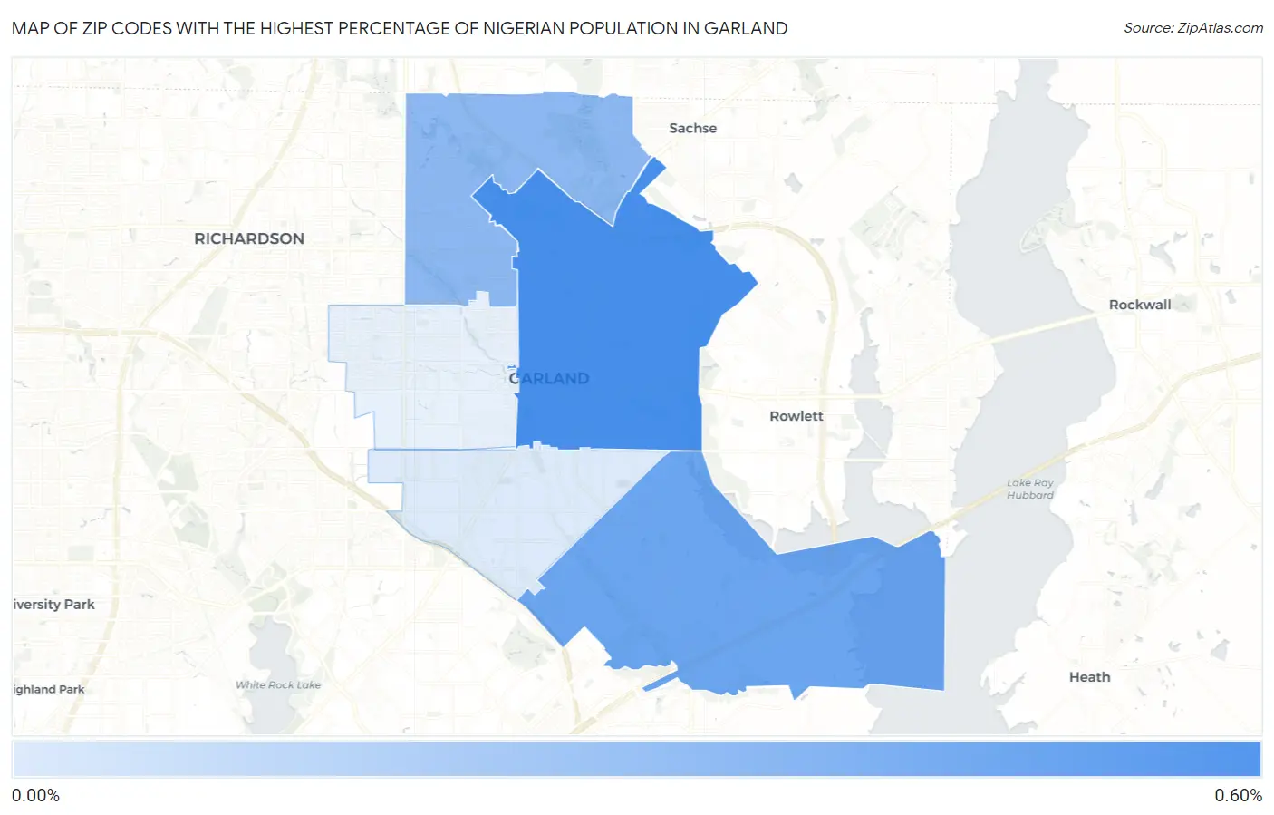 Zip Codes with the Highest Percentage of Nigerian Population in Garland Map