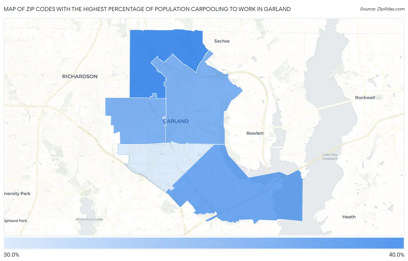 Zip Codes with the Highest Percentage of Population Carpooling to Work in Garland Map