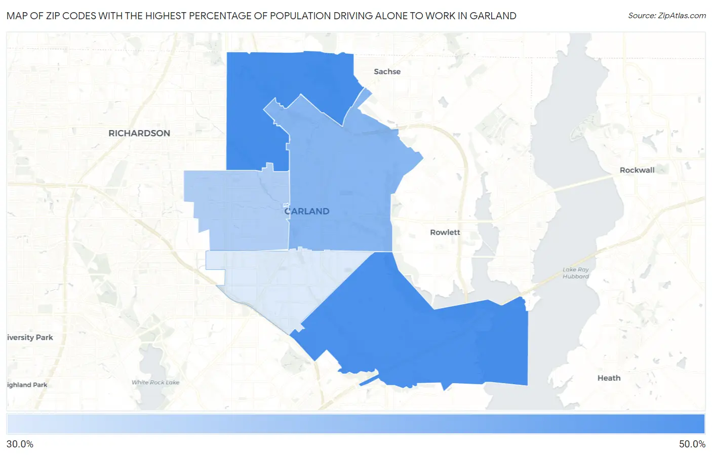 Zip Codes with the Highest Percentage of Population Driving Alone to Work in Garland Map