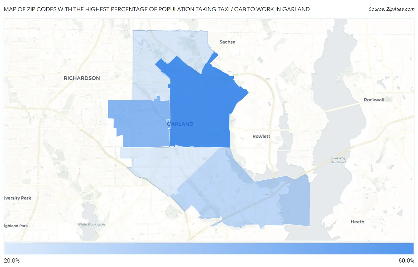 Zip Codes with the Highest Percentage of Population Taking Taxi / Cab to Work in Garland Map