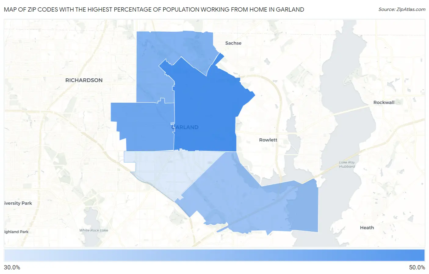 Zip Codes with the Highest Percentage of Population Working from Home in Garland Map