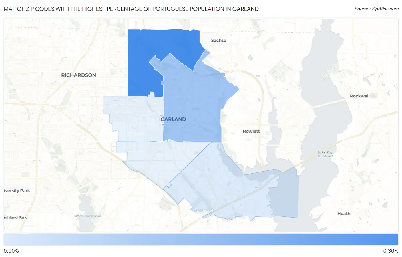 Zip Codes with the Highest Percentage of Portuguese Population in Garland Map