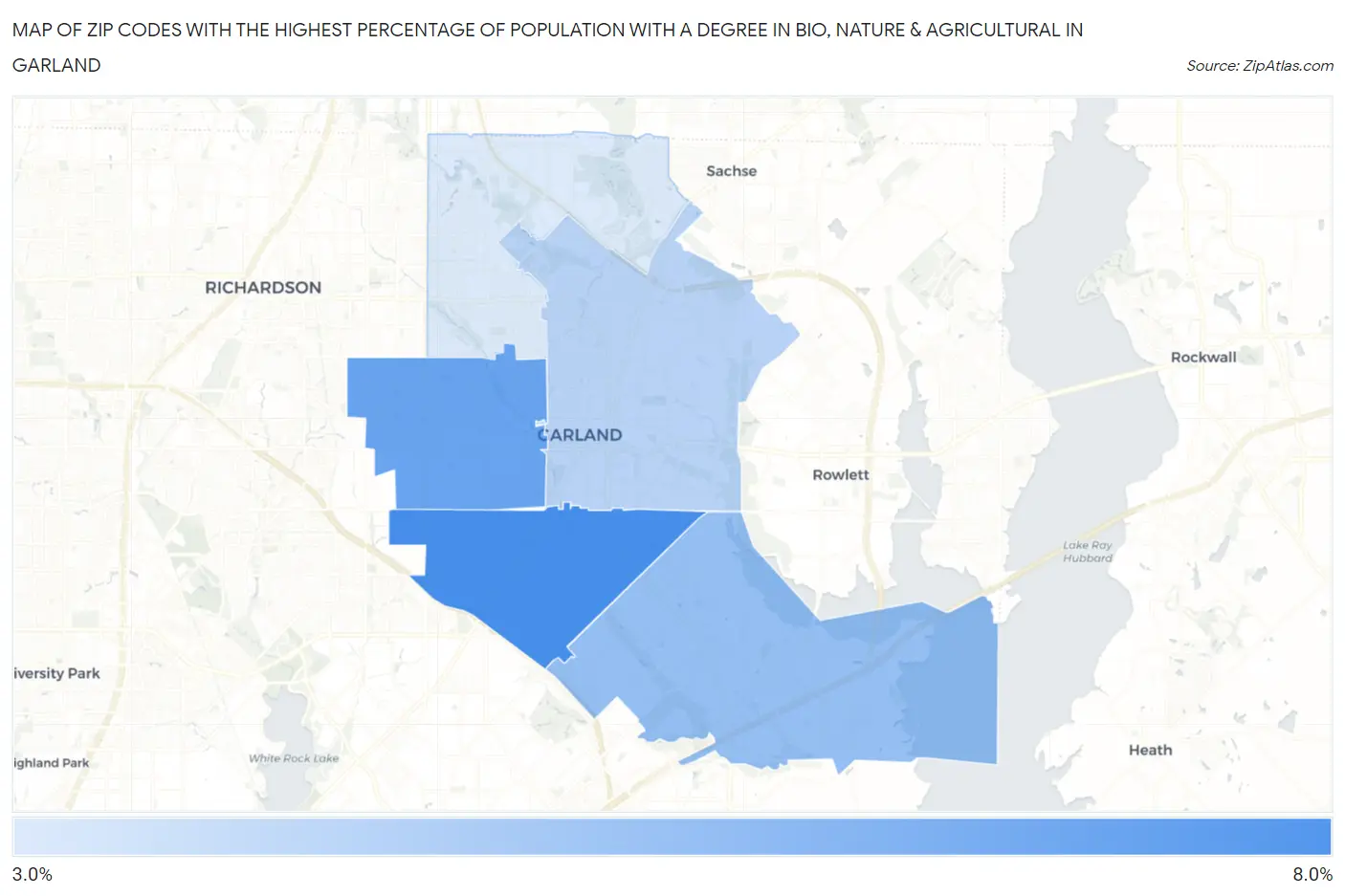 Zip Codes with the Highest Percentage of Population with a Degree in Bio, Nature & Agricultural in Garland Map