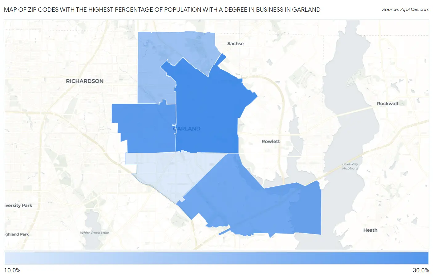 Zip Codes with the Highest Percentage of Population with a Degree in Business in Garland Map