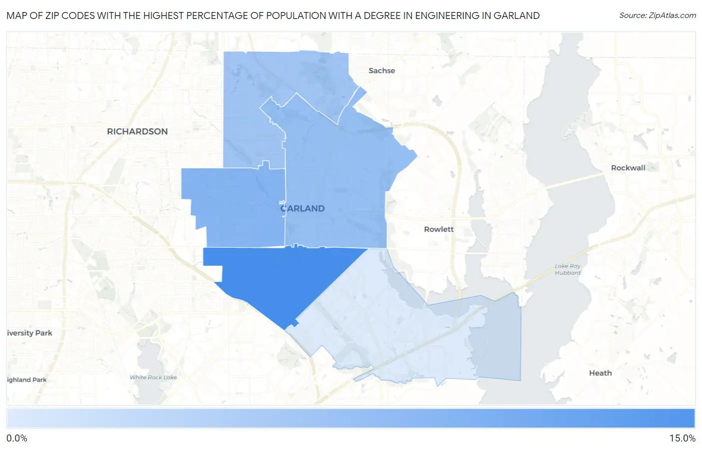 Zip Codes with the Highest Percentage of Population with a Degree in Engineering in Garland Map