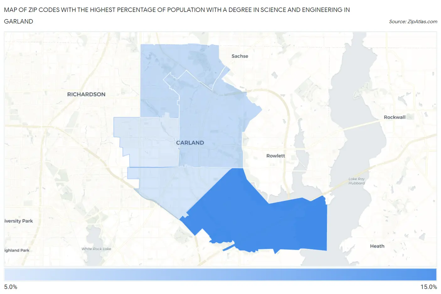 Zip Codes with the Highest Percentage of Population with a Degree in Science and Engineering in Garland Map