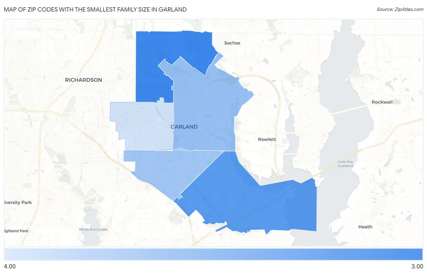 Zip Codes with the Smallest Family Size in Garland Map