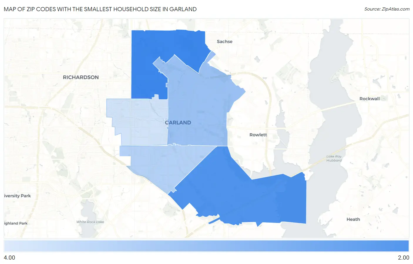 Zip Codes with the Smallest Household Size in Garland Map