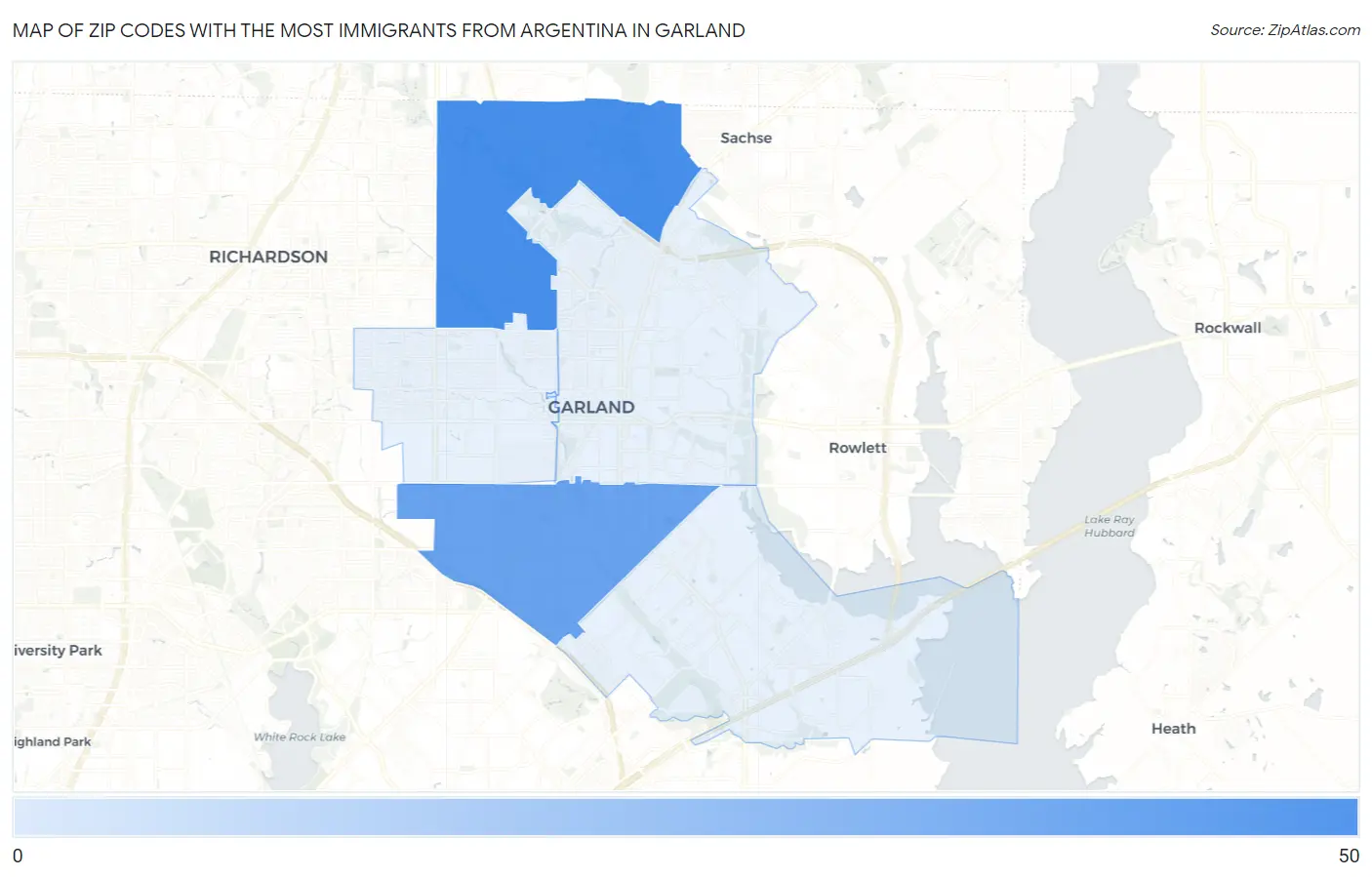 Zip Codes with the Most Immigrants from Argentina in Garland Map