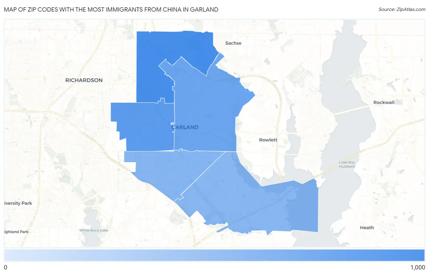 Zip Codes with the Most Immigrants from China in Garland Map