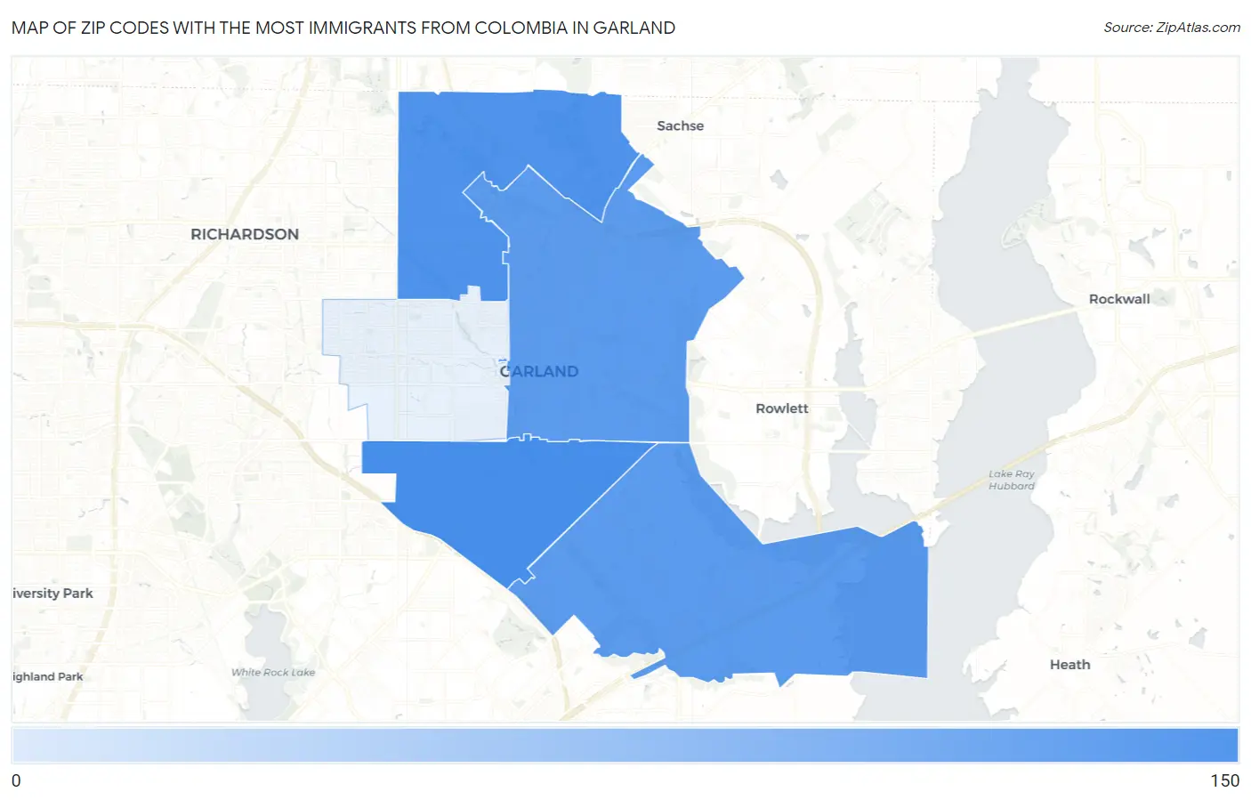 Zip Codes with the Most Immigrants from Colombia in Garland Map