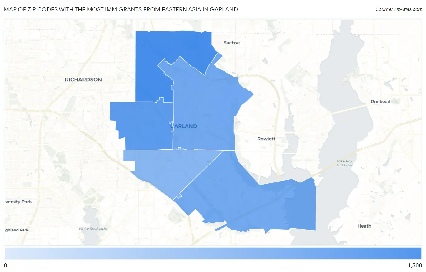 Zip Codes with the Most Immigrants from Eastern Asia in Garland Map