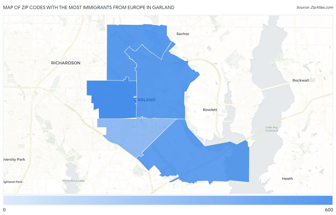 Zip Codes with the Most Immigrants from Europe in Garland Map