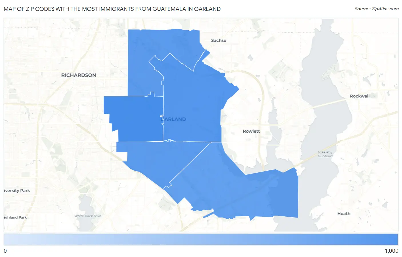 Zip Codes with the Most Immigrants from Guatemala in Garland Map