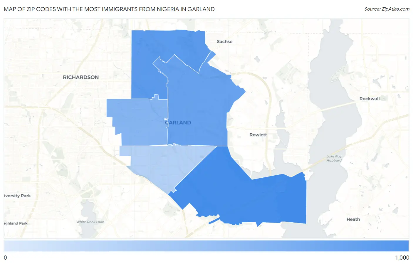 Zip Codes with the Most Immigrants from Nigeria in Garland Map