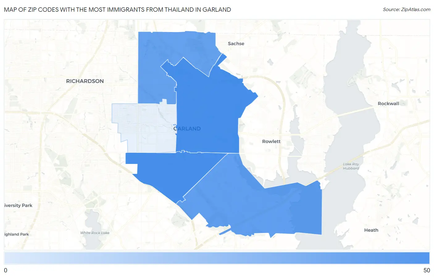 Zip Codes with the Most Immigrants from Thailand in Garland Map