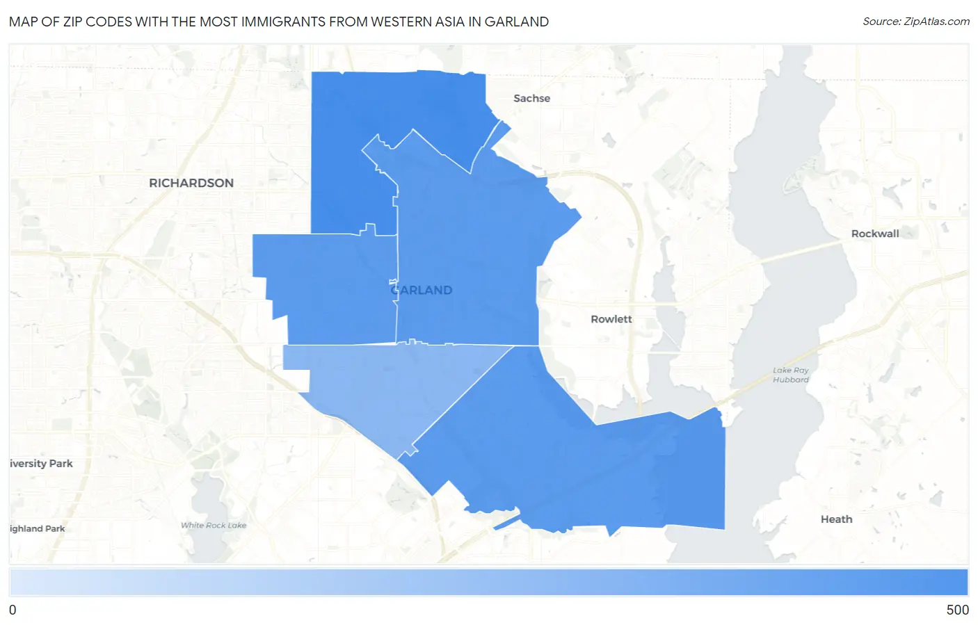 Zip Codes with the Most Immigrants from Western Asia in Garland Map