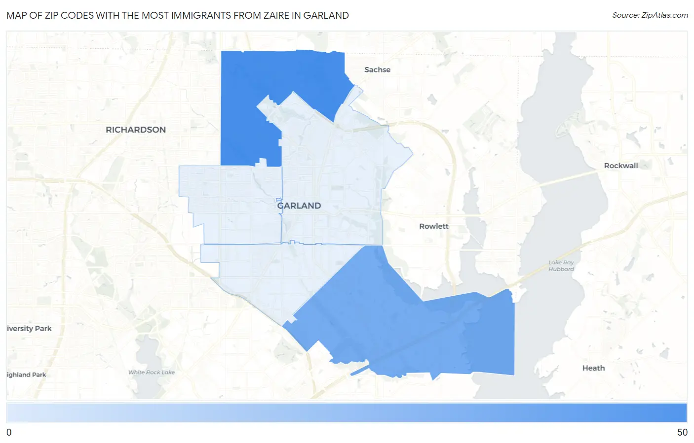 Zip Codes with the Most Immigrants from Zaire in Garland Map
