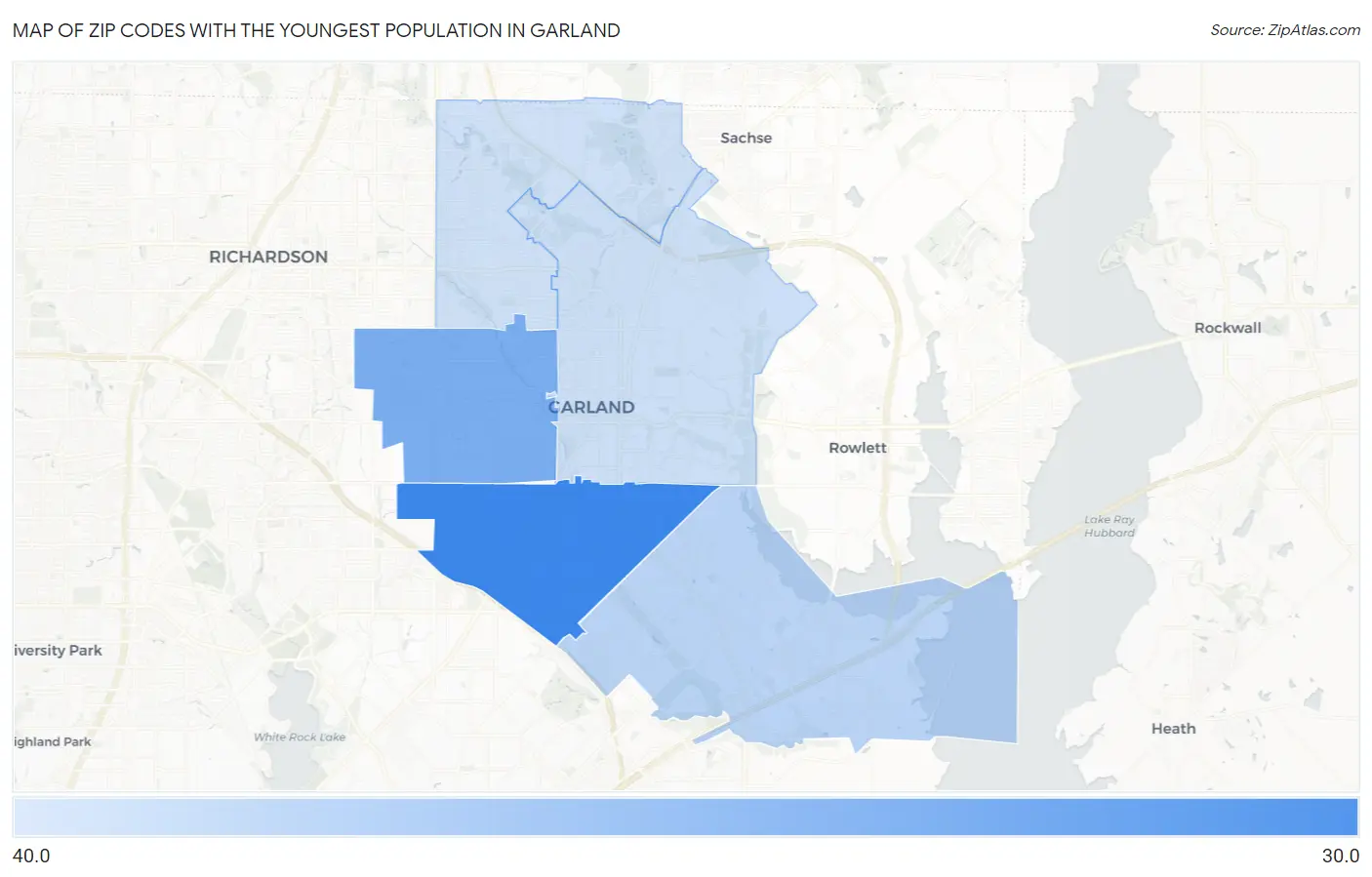 Zip Codes with the Youngest Population in Garland Map