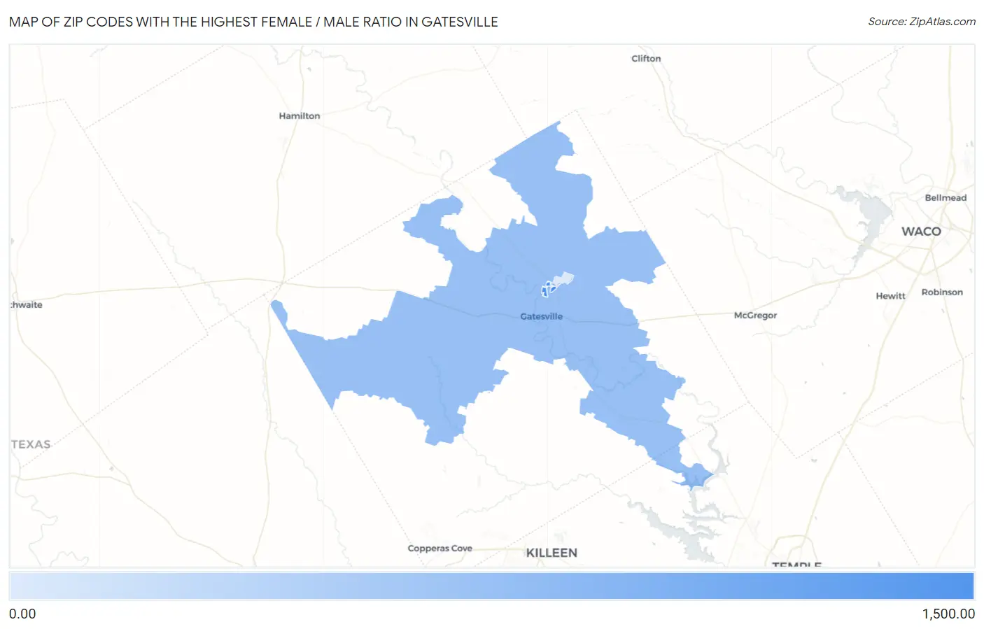 Zip Codes with the Highest Female / Male Ratio in Gatesville Map