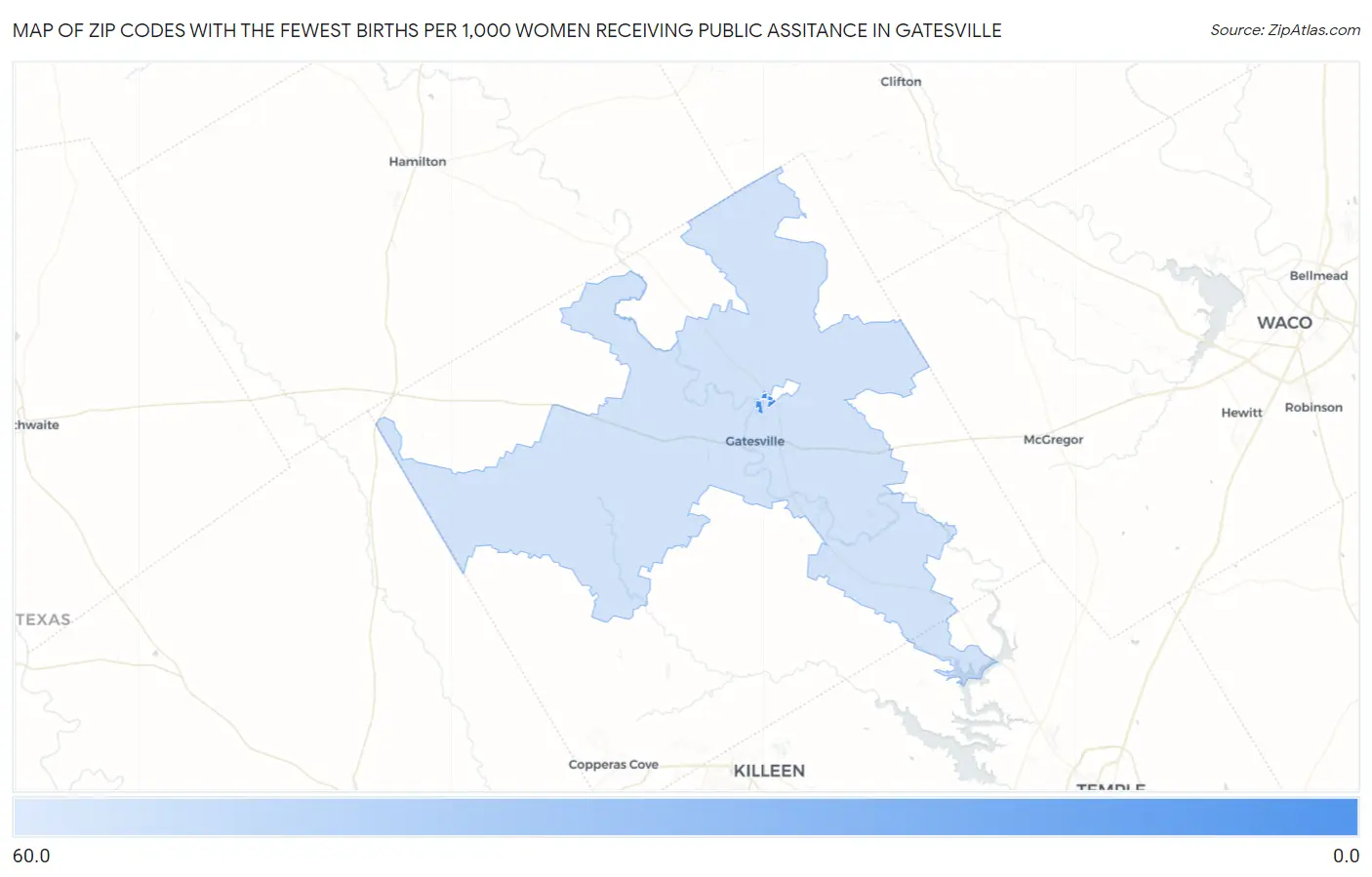 Zip Codes with the Fewest Births per 1,000 Women Receiving Public Assitance in Gatesville Map