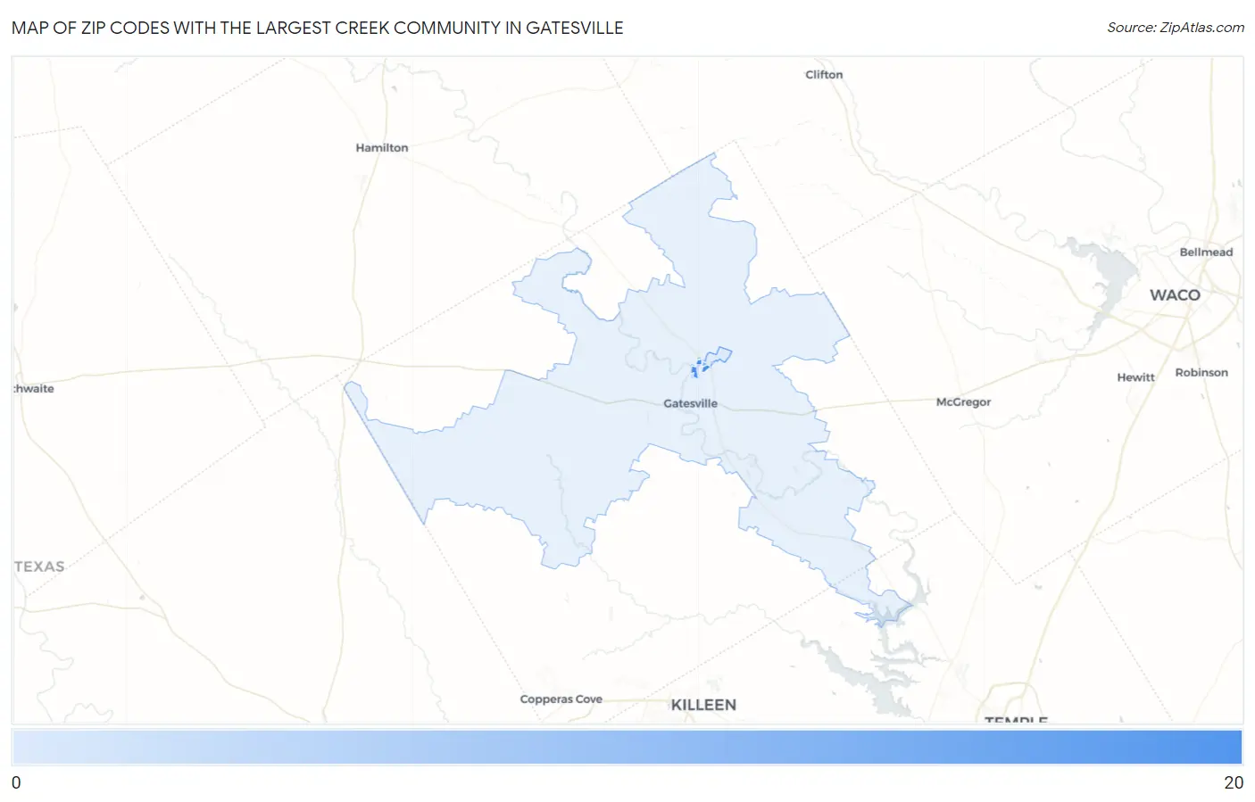 Zip Codes with the Largest Creek Community in Gatesville Map