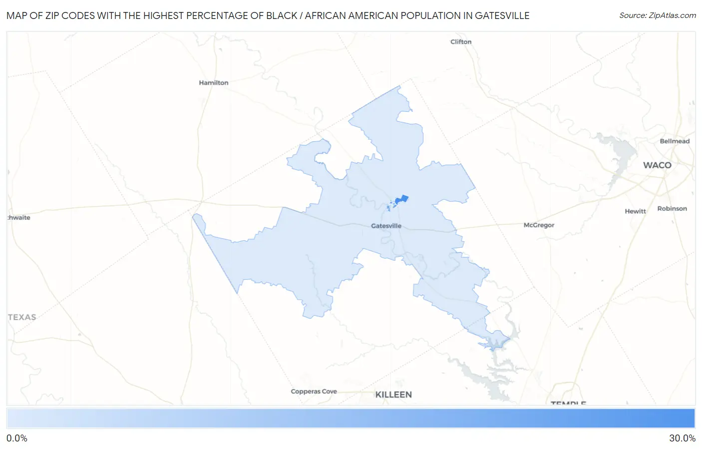 Zip Codes with the Highest Percentage of Black / African American Population in Gatesville Map