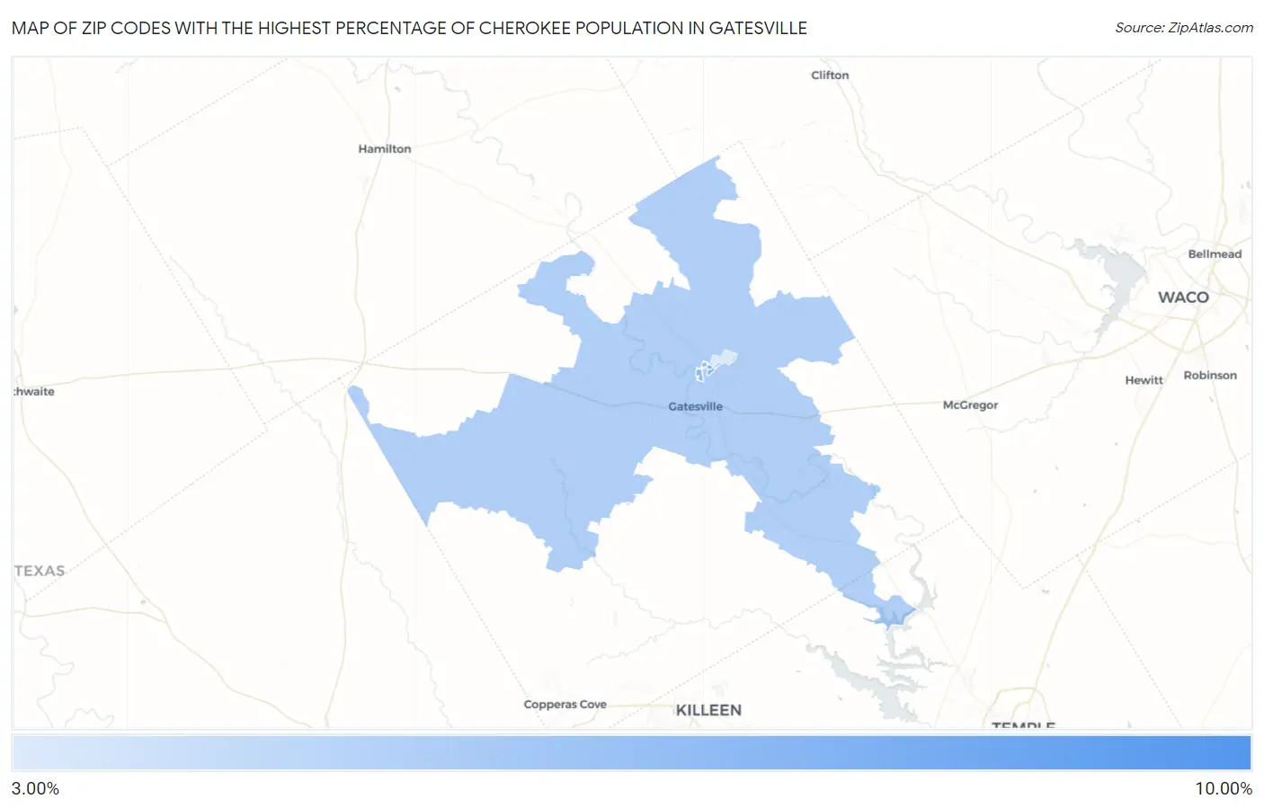 Zip Codes with the Highest Percentage of Cherokee Population in Gatesville Map