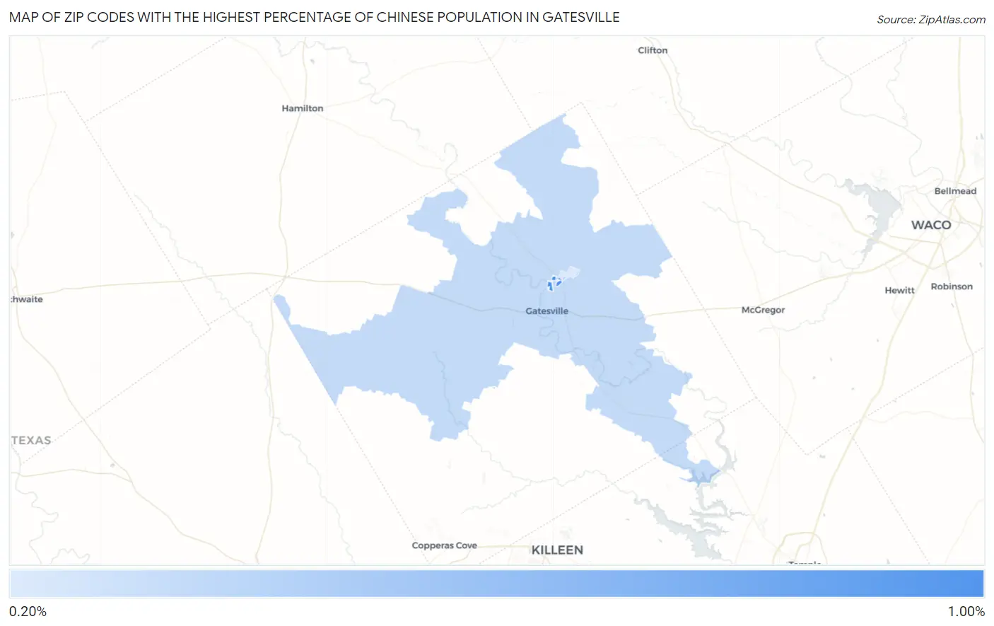 Zip Codes with the Highest Percentage of Chinese Population in Gatesville Map