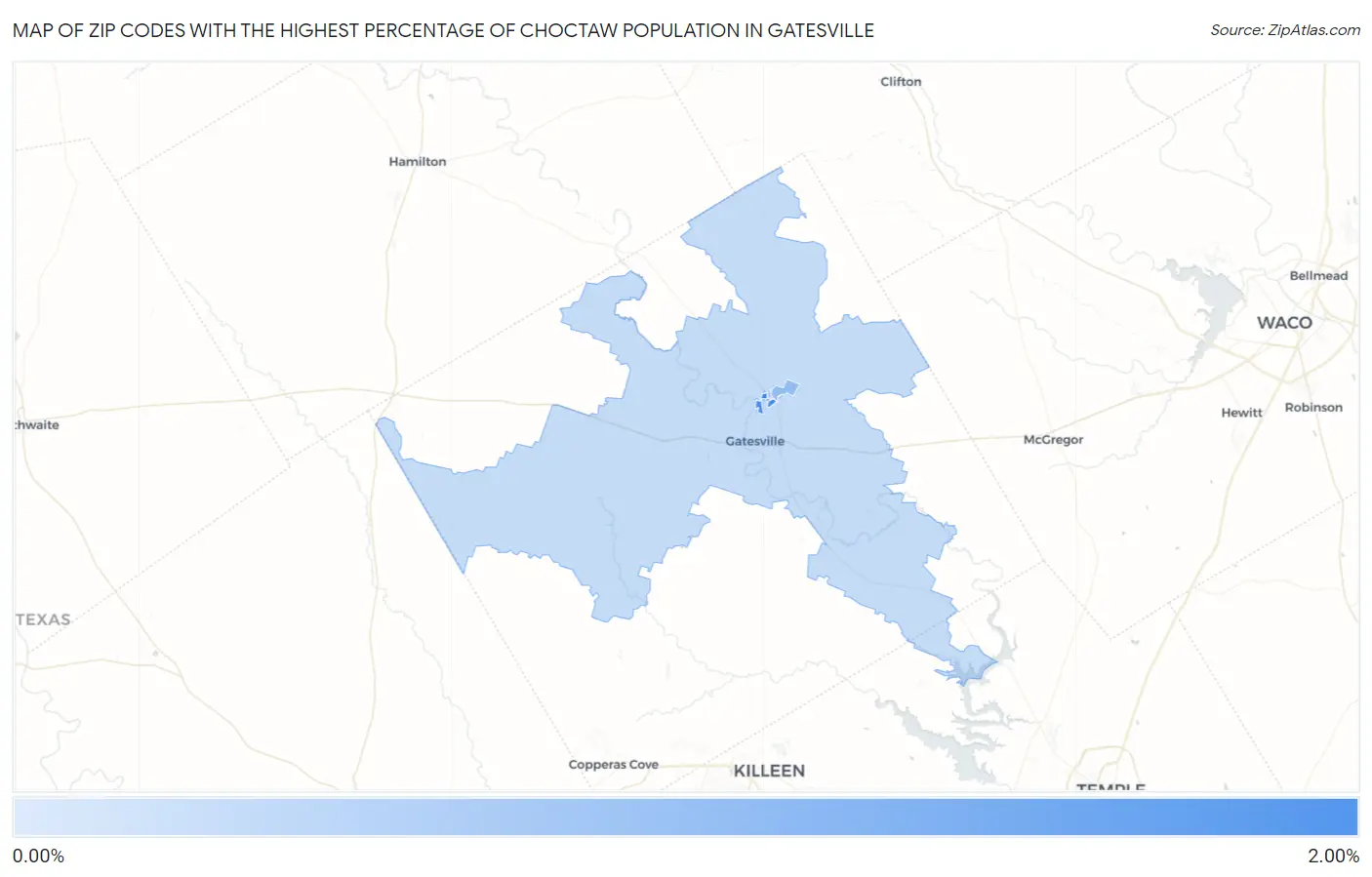Zip Codes with the Highest Percentage of Choctaw Population in Gatesville Map
