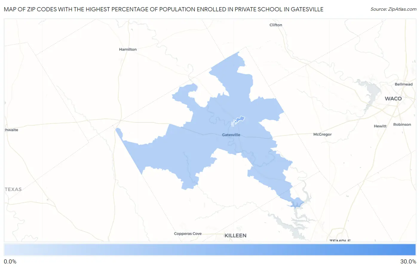Zip Codes with the Highest Percentage of Population Enrolled in Private School in Gatesville Map