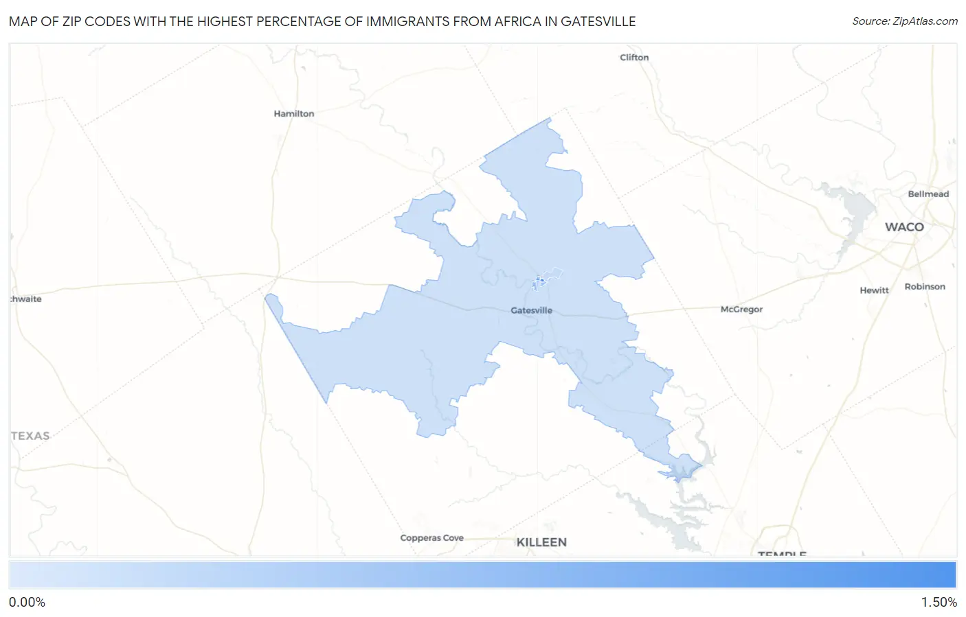 Zip Codes with the Highest Percentage of Immigrants from Africa in Gatesville Map