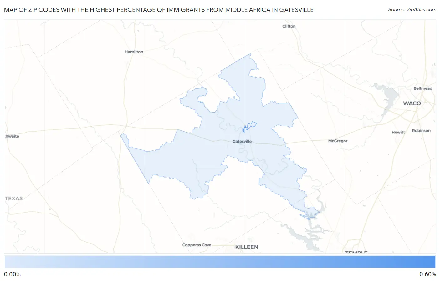 Zip Codes with the Highest Percentage of Immigrants from Middle Africa in Gatesville Map