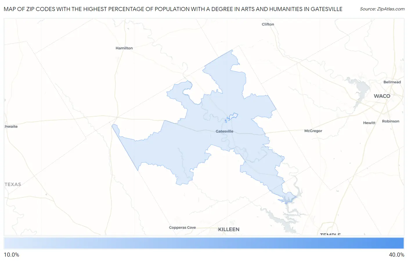 Zip Codes with the Highest Percentage of Population with a Degree in Arts and Humanities in Gatesville Map