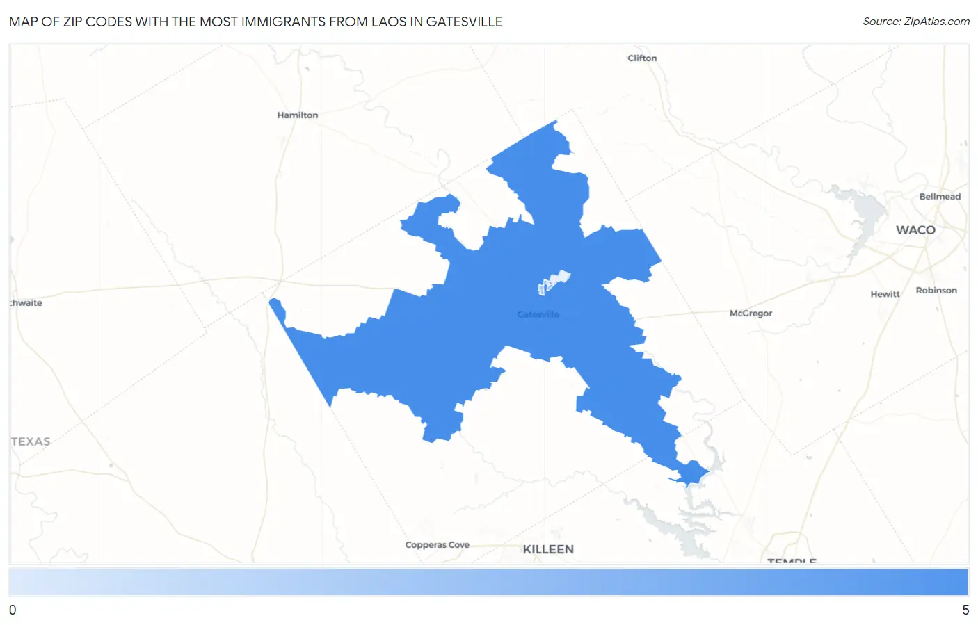 Zip Codes with the Most Immigrants from Laos in Gatesville Map