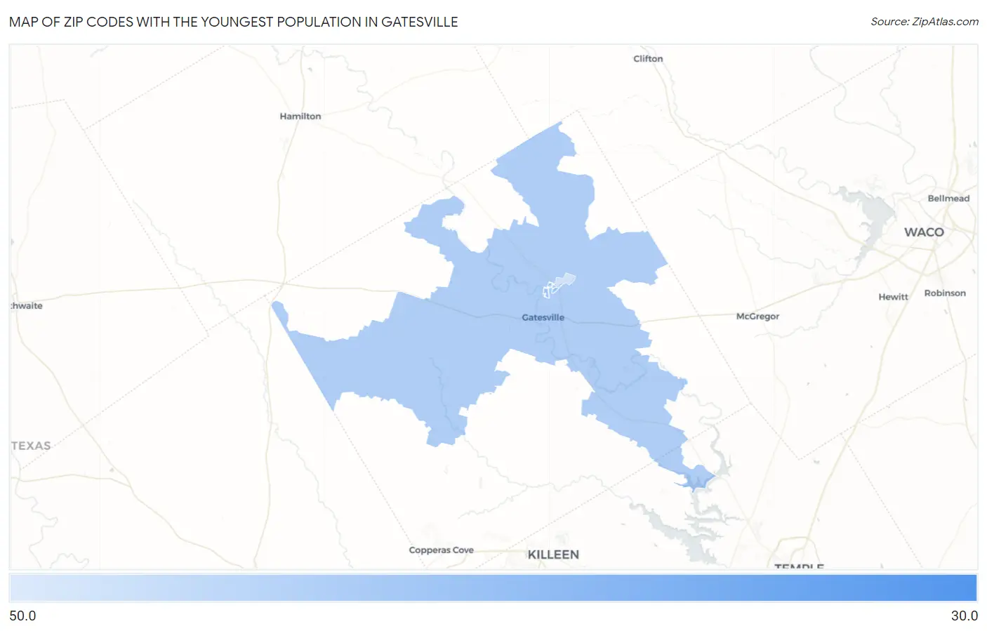 Zip Codes with the Youngest Population in Gatesville Map