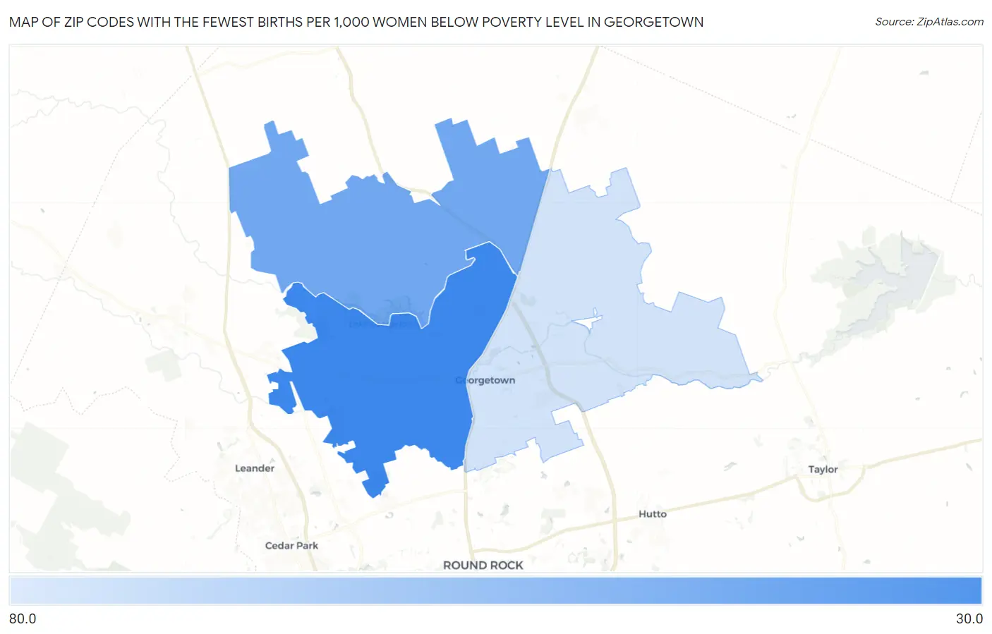 Zip Codes with the Fewest Births per 1,000 Women Below Poverty Level in Georgetown Map