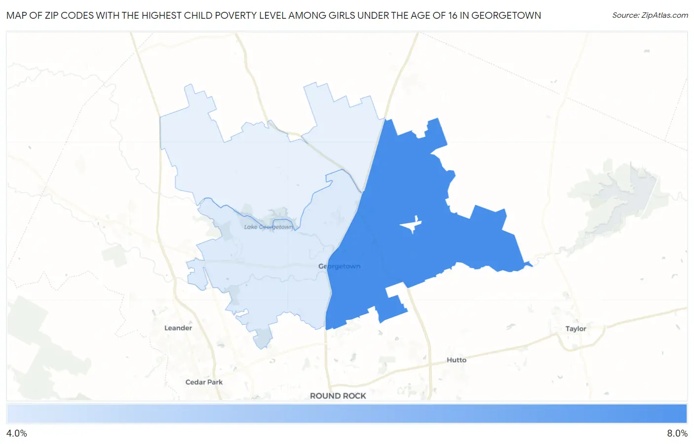 Zip Codes with the Highest Child Poverty Level Among Girls Under the Age of 16 in Georgetown Map