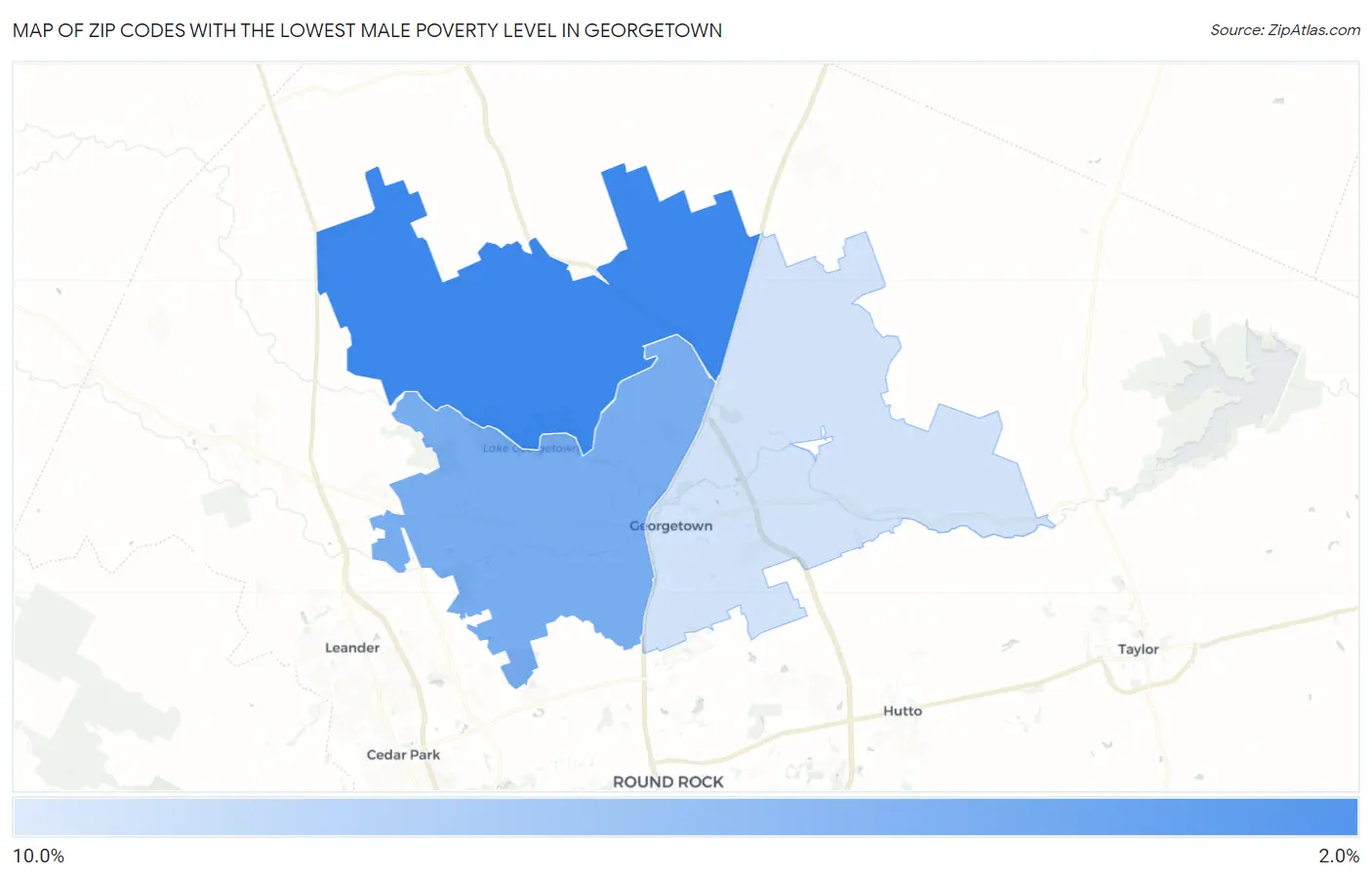 Zip Codes with the Lowest Male Poverty Level in Georgetown Map