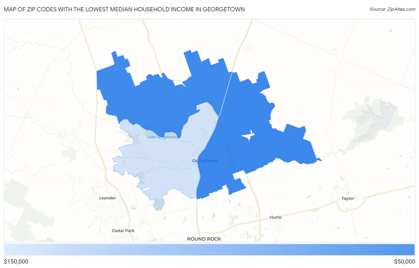 Zip Codes with the Lowest Median Household Income in Georgetown Map