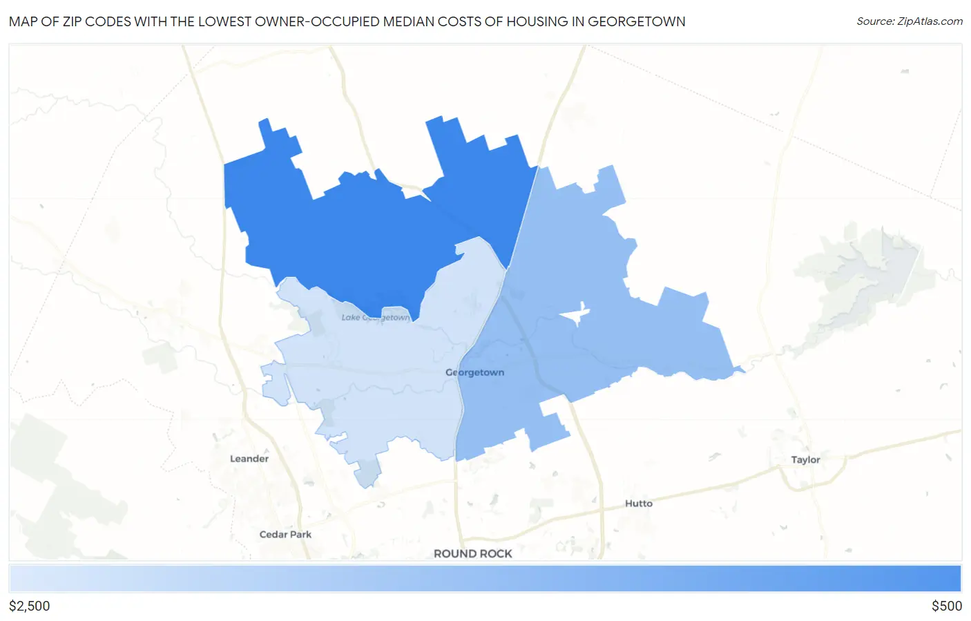 Zip Codes with the Lowest Owner-Occupied Median Costs of Housing in Georgetown Map